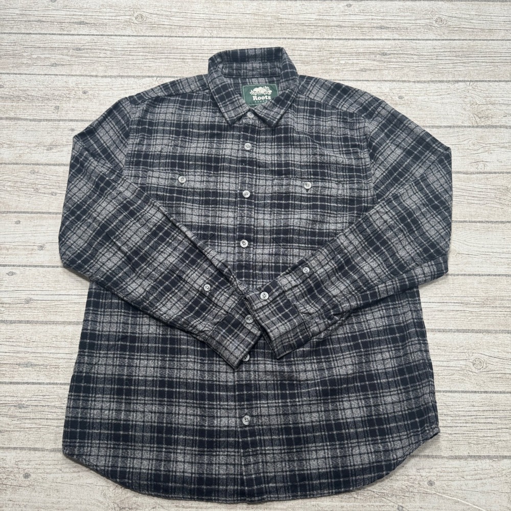 Roots Canada Shirt Men's XL Black Plaid Flannel Long Sleeve Button Down Utility